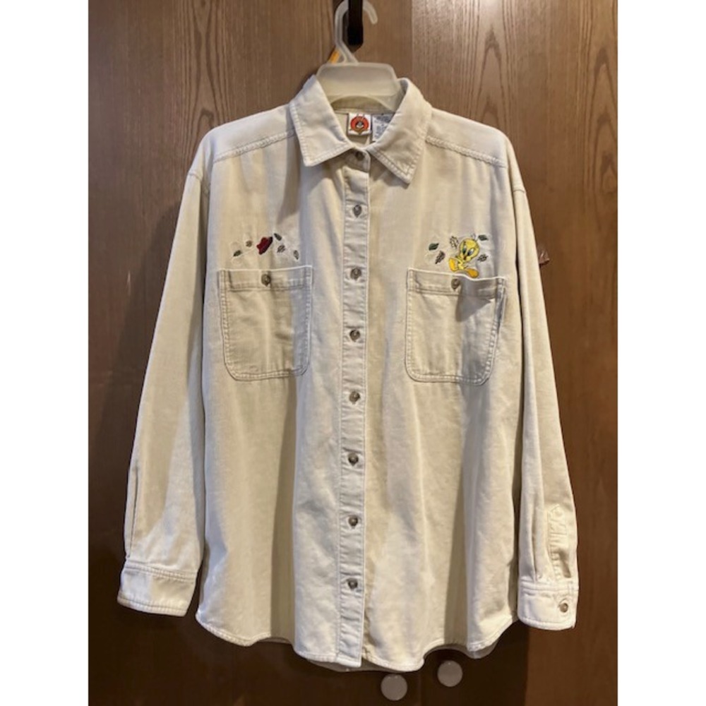 Vintage Looney Tunes Tweety Bird Embroidered Corduroy‎ Shirt Cream M